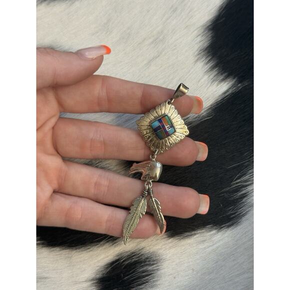 Southwest Jewelry - Native American Sterling Silver Inlaid Turquoise Lapis Spiny Bear Dangle Pendant